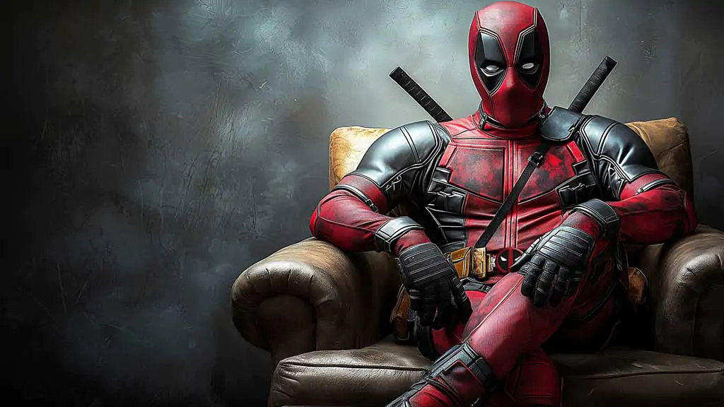 Deadpool wallpaper in 4K Ultra HD featuring the Marvel anti-hero sitting casually on a luxurious leather armchair. for all devices and screens