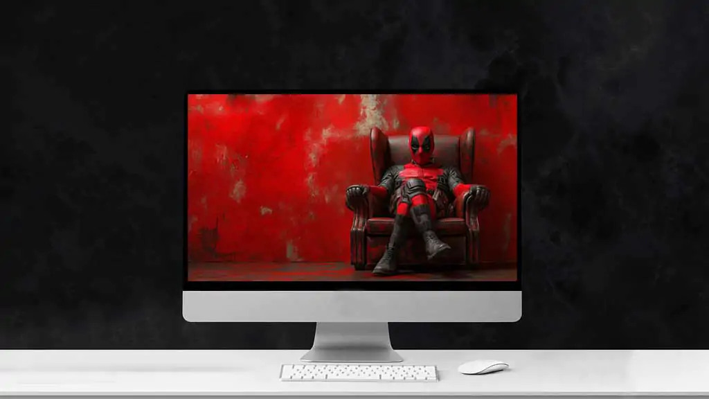 Fond d'écran Deadpool en 4K Ultra HD mettant en vedette l'anti-héros de Marvel assis sur un fauteuil en cuir avec un mur rouge. Idéal pour les écrans de bureau.