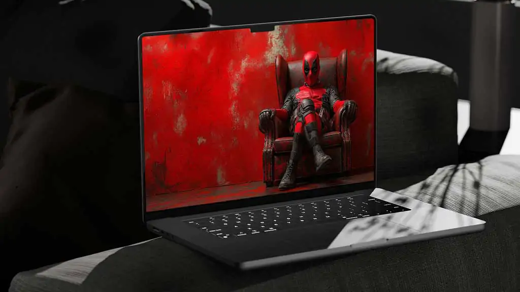 Deadpool wallpaper in 4K Ultra HD featuring Marvel's anti-hero seated on a leather armchair with a red wall Ideal for laptops screens.