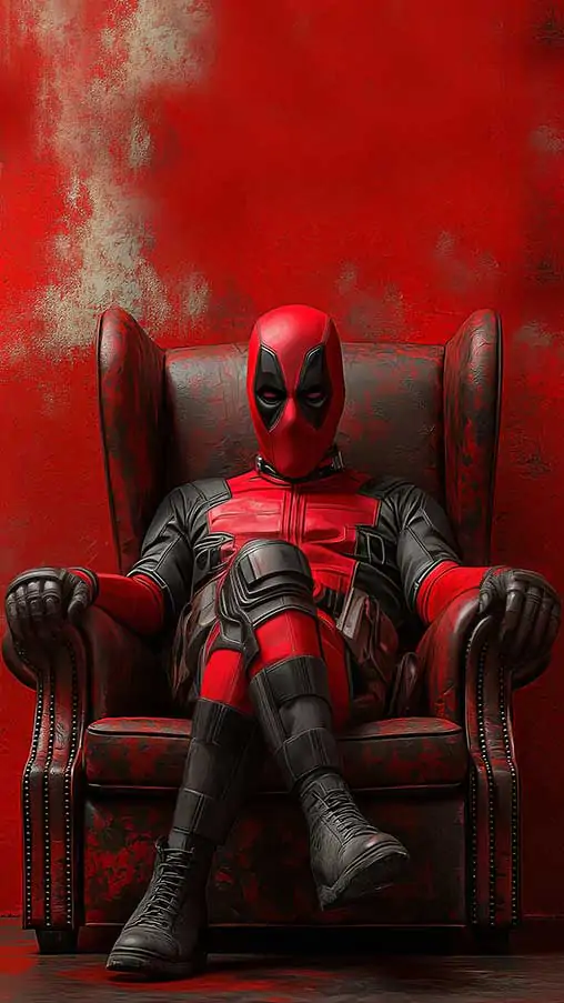 Fond d'écran Deadpool en 4K Ultra HD mettant en vedette l'anti-héros de Marvel assis sur un fauteuil en cuir avec un mur rouge Idéal pour les écrans de téléphones portables et d'iPhones.