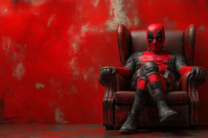 Deadpool wallpaper in 4K Ultra HD featuring Marvel's anti-hero seated on a leather armchair with a red wall Ideal for desktops and mobile screens.