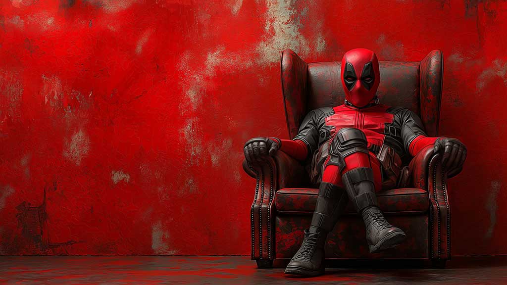 Fond d'écran Deadpool en 4K Ultra HD mettant en vedette l'anti-héros de Marvel assis sur un fauteuil en cuir avec un mur rouge. Idéal pour les ordinateurs de bureau et les écrans mobiles.