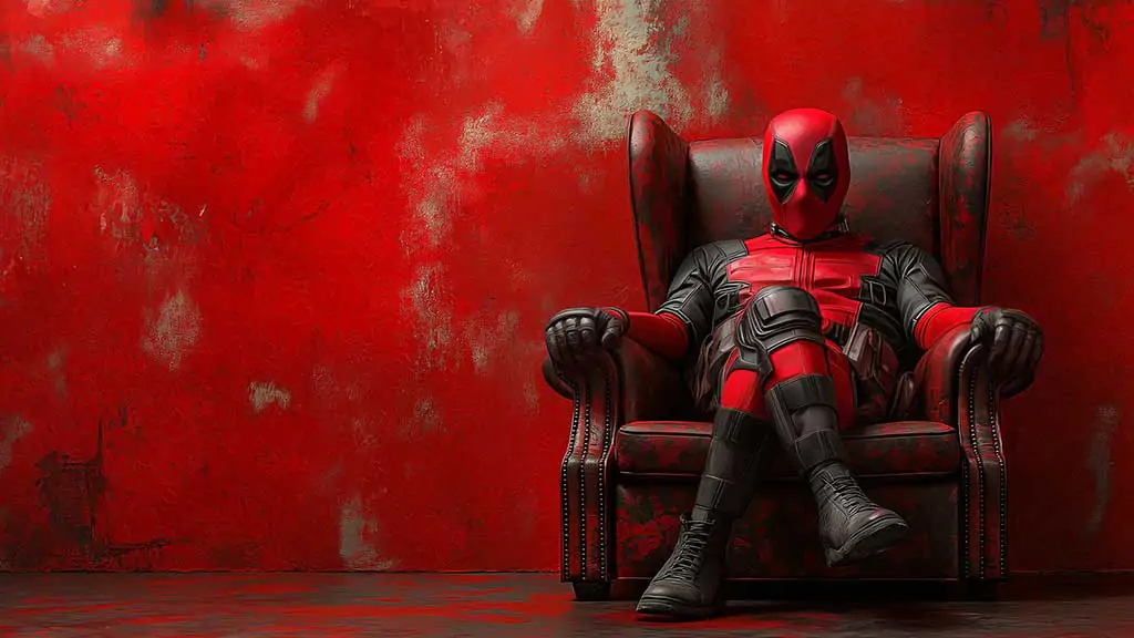 Deadpool wallpaper in 4K Ultra HD featuring Marvel's anti-hero seated on a leather armchair with a red wall Ideal for desktops and mobile screens.