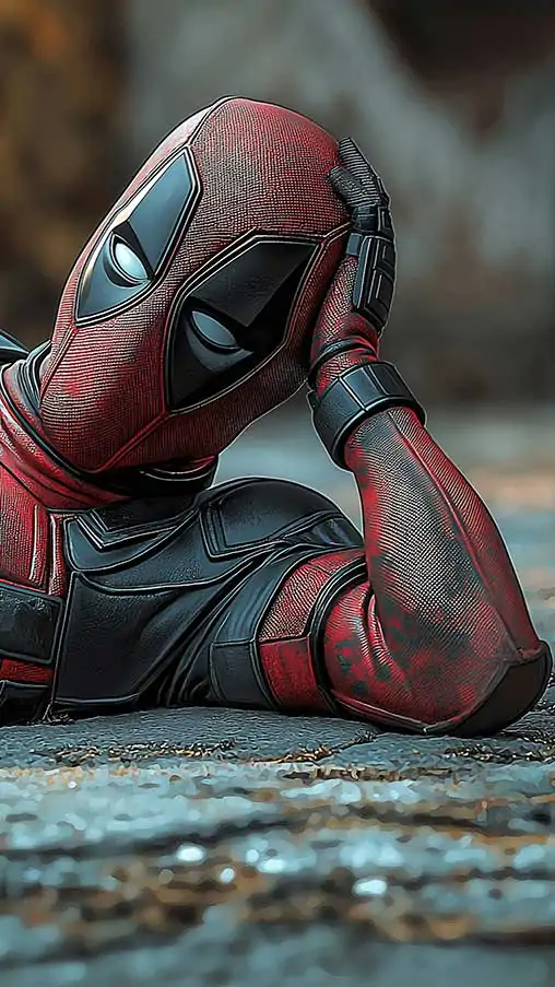 Fond d'écran Deadpool en 4K Ultra HD avec Wade Wilson allongé. Une image audacieuse et élégante pour tous les téléphones portables et iPhones.