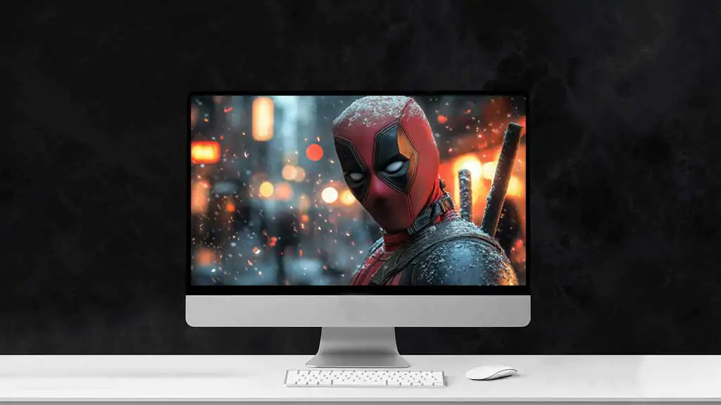 Deadpool wallpaper 4K featuring snowy close-up portrait with dramatic lighting and ember effects, Ultra HD resolution for desktop