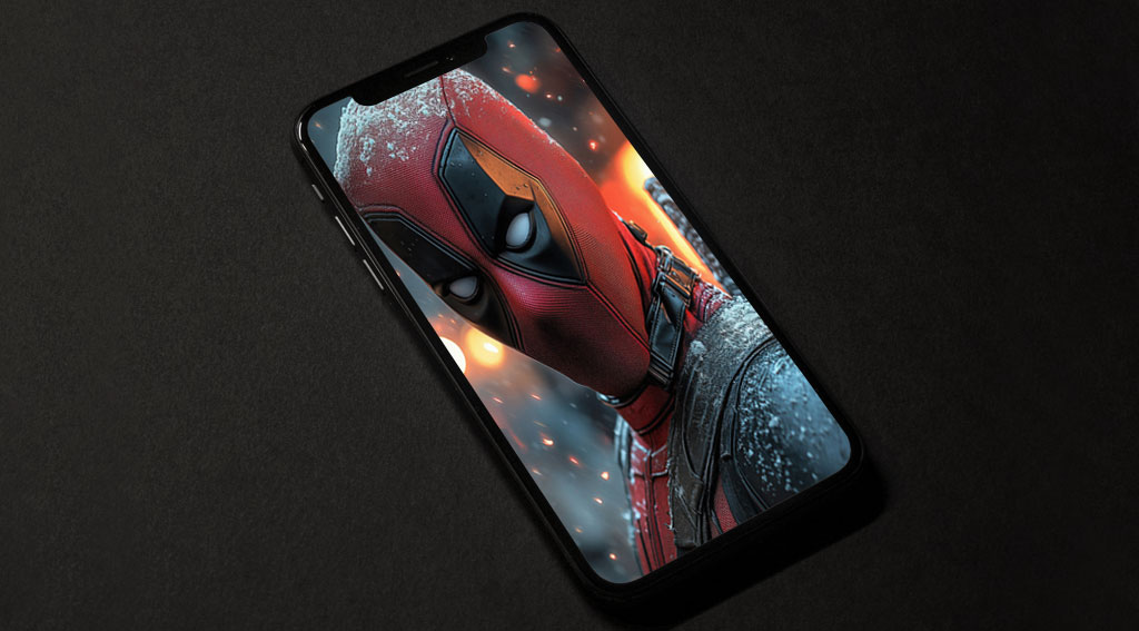 Fond d'écran Deadpool 4K avec portrait en gros plan enneigé avec éclairage dramatique et effets de braise, résolution Ultra HD pour téléphone portable et iPhone