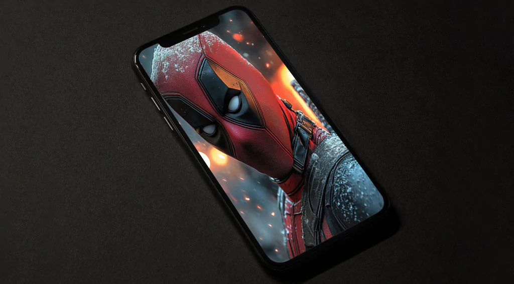 Deadpool wallpaper 4K featuring snowy close-up portrait with dramatic lighting and ember effects, Ultra HD resolution for mobile phone and iphone