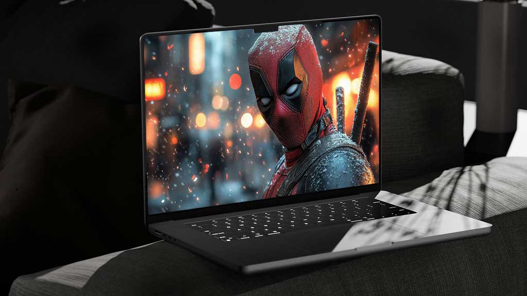Fond d'écran Deadpool 4K avec portrait en gros plan enneigé avec éclairage dramatique et effets de braise, résolution Ultra HD pour ordinateur portable