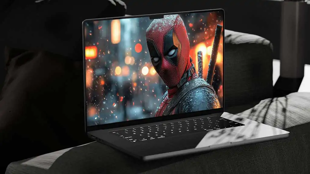 Deadpool wallpaper 4K featuring snowy close-up portrait with dramatic lighting and ember effects, Ultra HD resolution for laptop