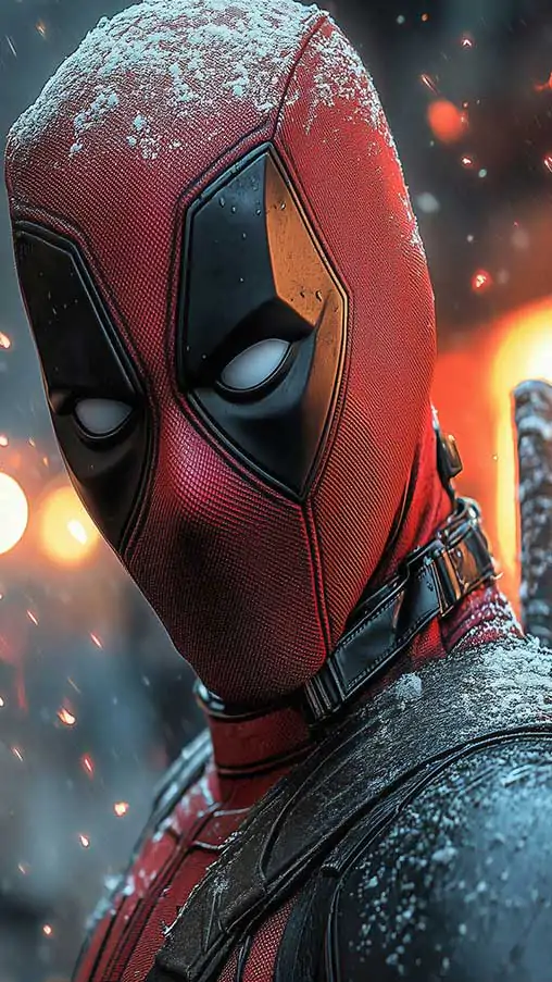 Deadpool wallpaper 4K featuring snowy close-up portrait with dramatic lighting and ember effects, Ultra HD resolution for mobile phone and iphone