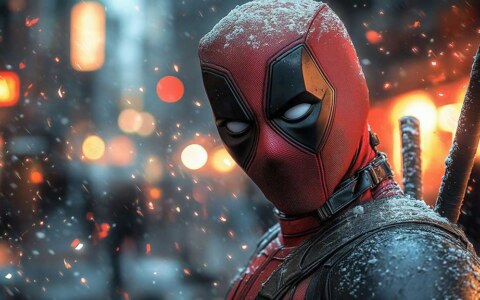 Deadpool wallpaper 4K featuring snowy close-up portrait with dramatic lighting and ember effects, Ultra HD resolution for desktop and mobile