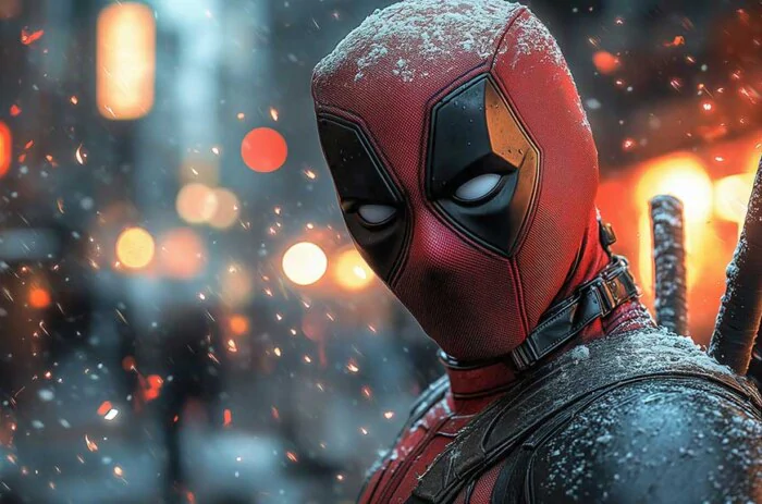 Deadpool wallpaper 4K featuring snowy close-up portrait with dramatic lighting and ember effects, Ultra HD resolution for desktop and mobile