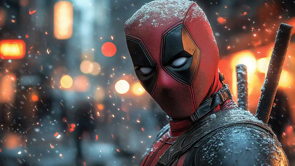 Deadpool wallpaper 4K featuring snowy close-up portrait with dramatic lighting and ember effects, Ultra HD resolution for desktop and mobile