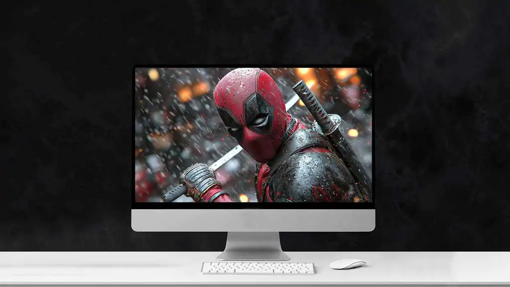 Wade Wilson Deadpool wallpaper 4K combat pose with katanas in snow, dramatic lighting , available for desktop