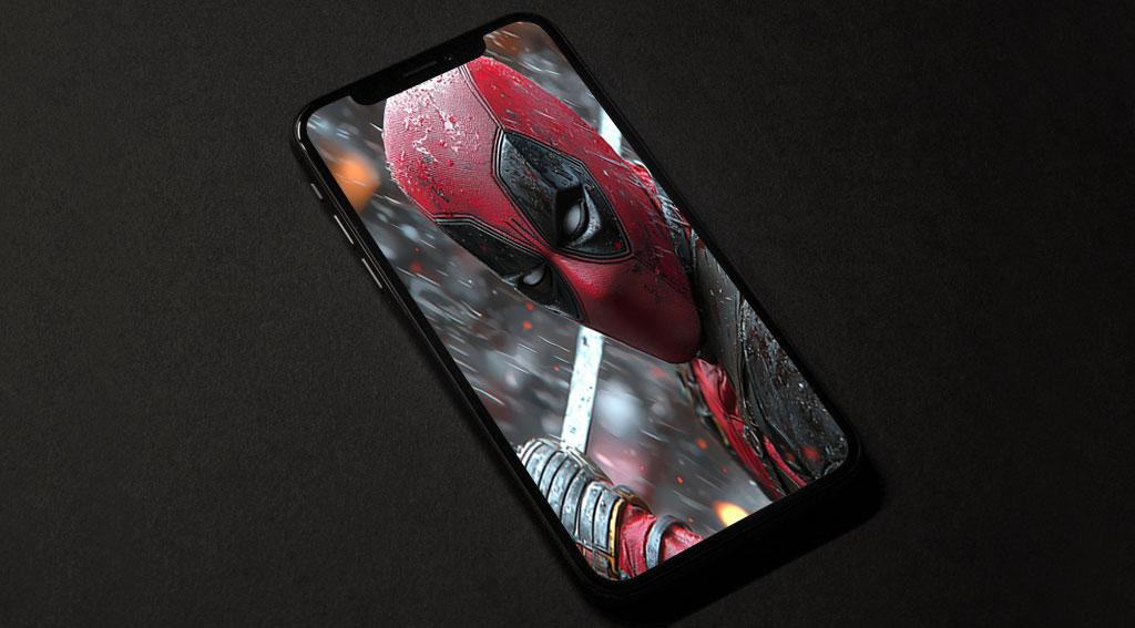 Fond d'écran Deadpool de Wade Wilson 4K pose de combat avec katanas dans la neige, éclairage dramatique, disponible pour tous les téléphones mobiles et iPhone