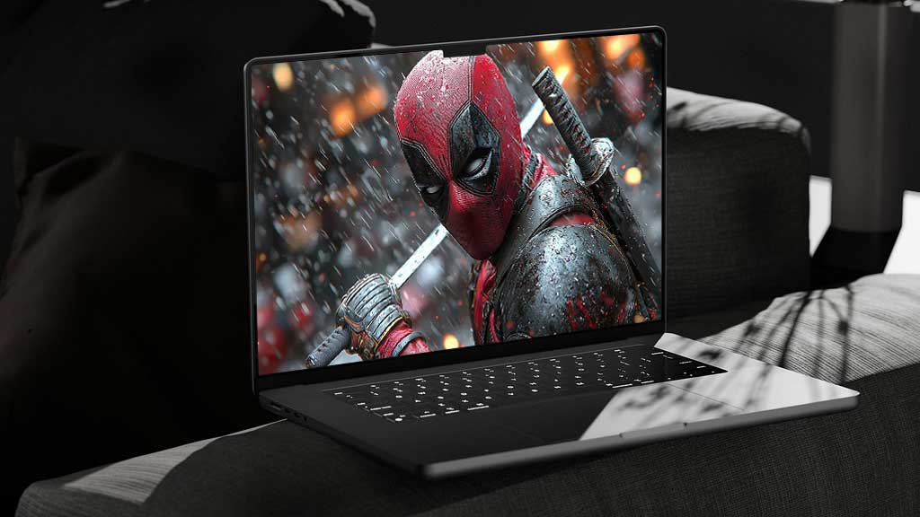 Fond d'écran Deadpool de Wade Wilson 4K pose de combat avec katanas dans la neige, éclairage dramatique, disponible pour ordinateur portable