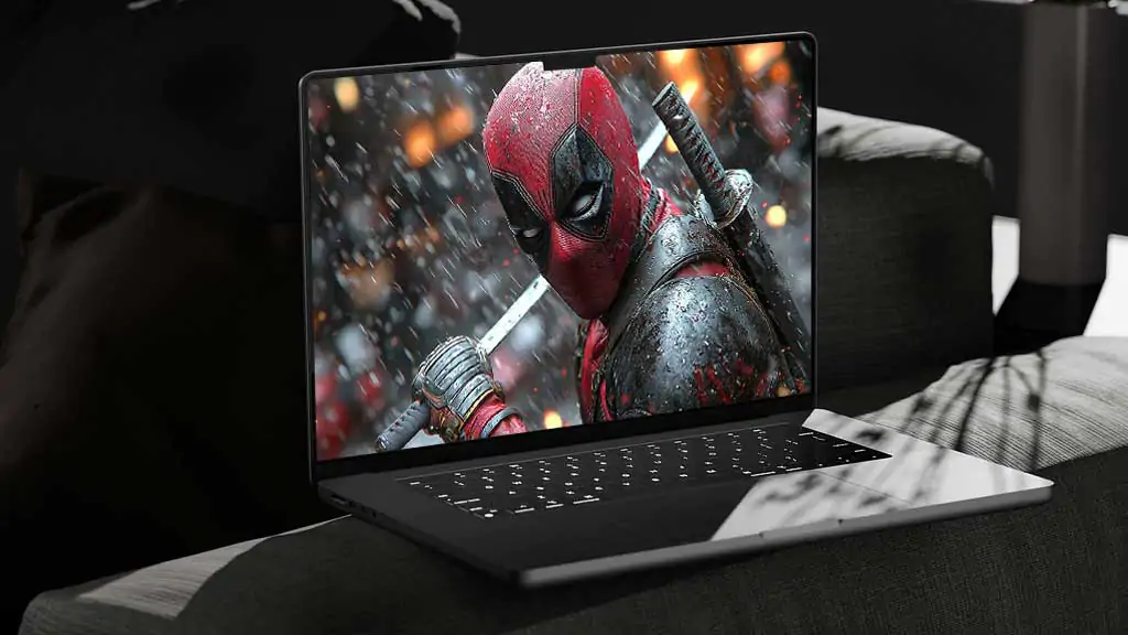 Wade Wilson Deadpool wallpaper 4K combat pose with katanas in snow, dramatic lighting , available for laptop