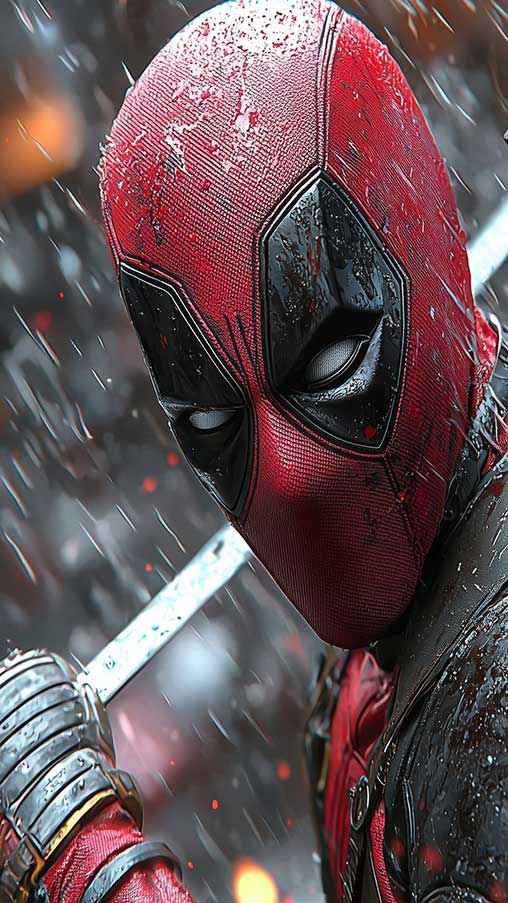 Fond d'écran Deadpool de Wade Wilson 4K pose de combat avec katanas dans la neige, éclairage dramatique, disponible pour tous les téléphones mobiles et iPhone