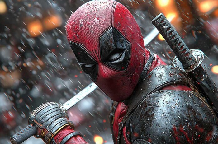 Fond d'écran 4K de Wade Wilson Deadpool en position de combat avec katanas dans la neige, éclairage dramatique, disponible pour tous les appareils