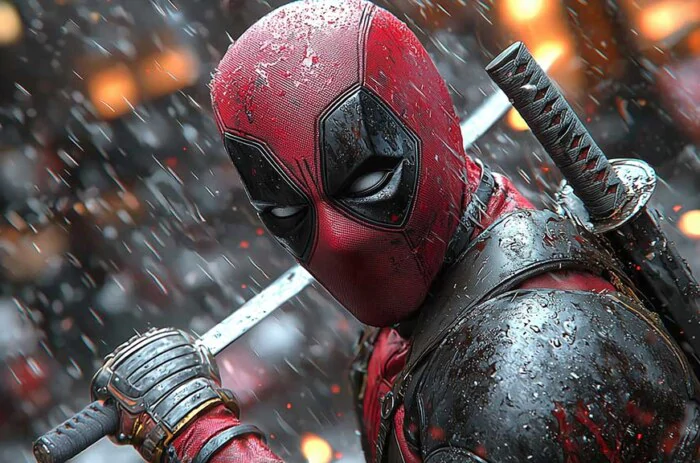 Wade Wilson Deadpool wallpaper 4K combat pose with katanas in snow, dramatic lighting , available for all devices