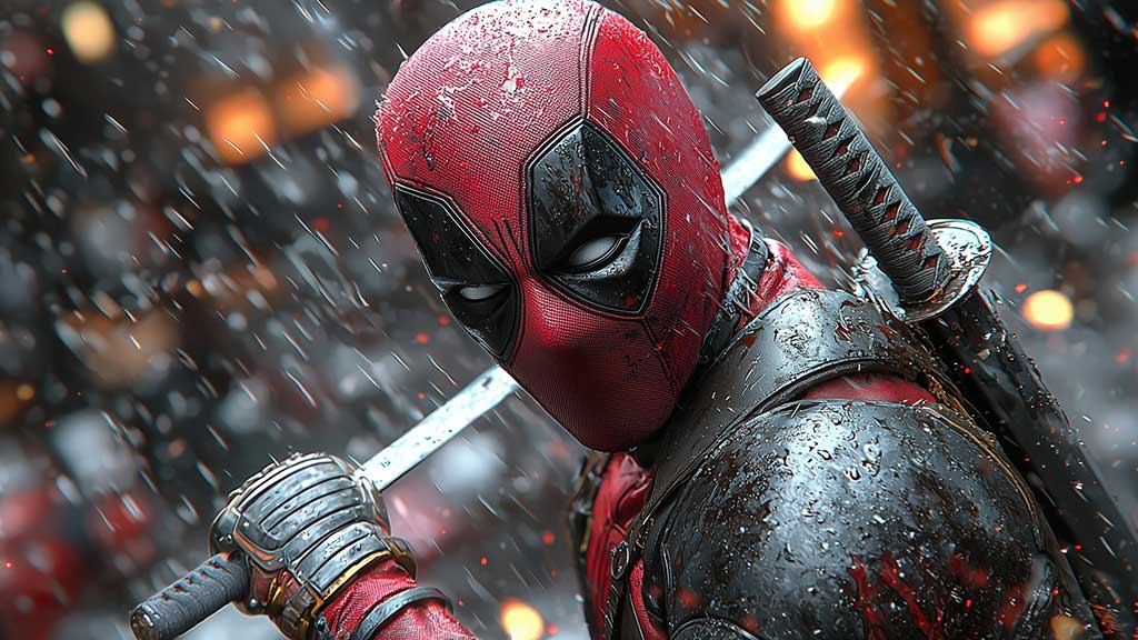 Fond d'écran 4K de Wade Wilson Deadpool en position de combat avec katanas dans la neige, éclairage dramatique, disponible pour tous les appareils