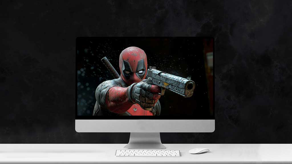 Fond d'écran d'action Deadpool 4K pose de combat détaillée avec pistolet et katana, arrière-plan Ultra HD pour tous les ordinateurs de bureau