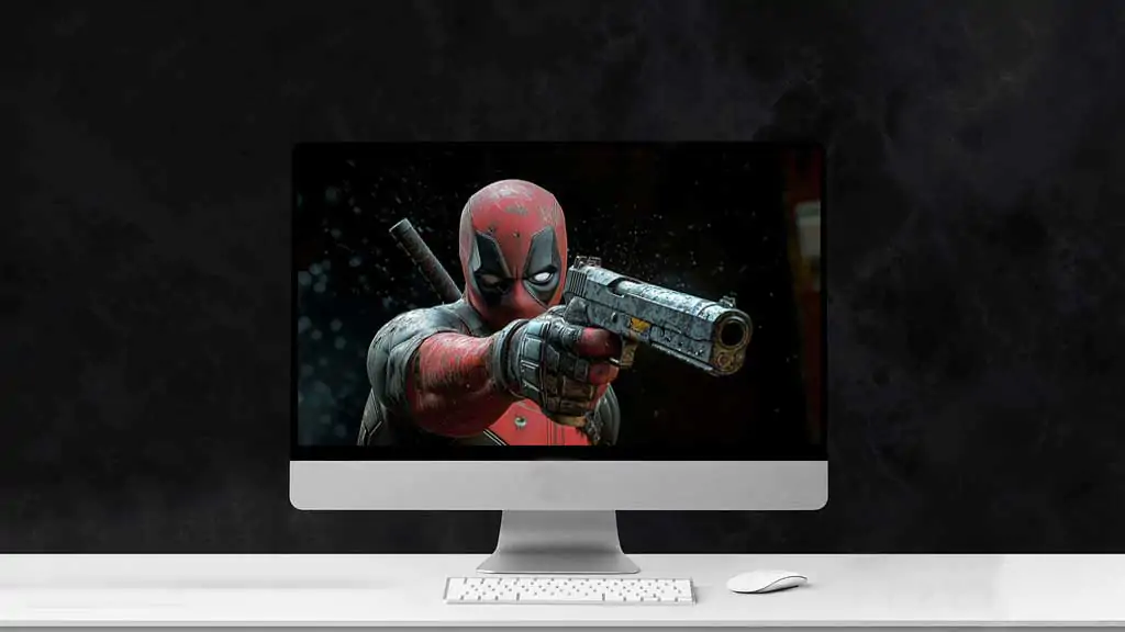 Deadpool action wallpaper 4K detailed combat pose with handgun and katana, Ultra HD background for all desktop