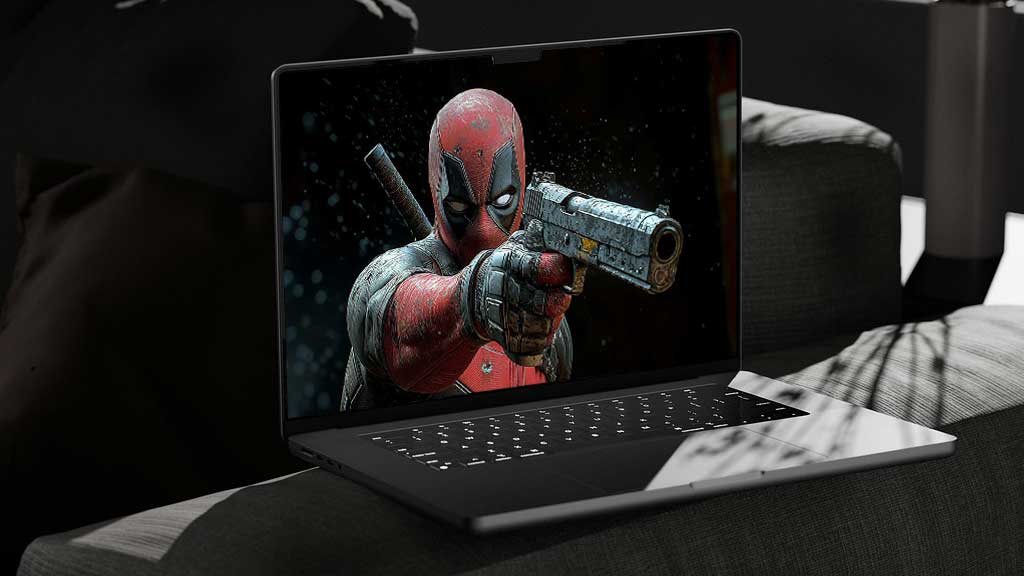 Fond d'écran d'action Deadpool 4K pose de combat détaillée avec pistolet et katana, arrière-plan Ultra HD pour tous les ordinateurs portables
