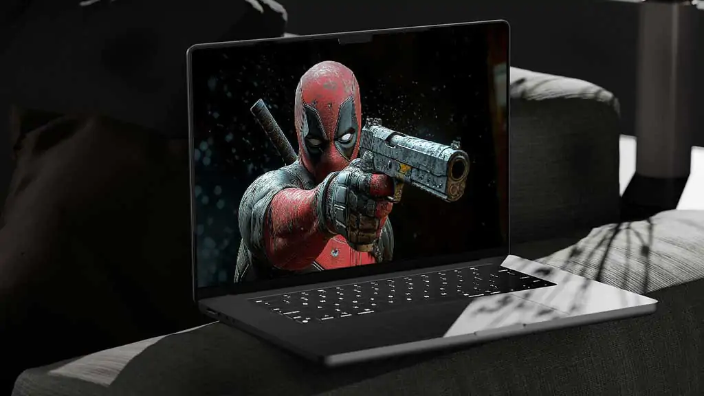 Deadpool action wallpaper 4K detailed combat pose with handgun and katana, Ultra HD background for all laptops