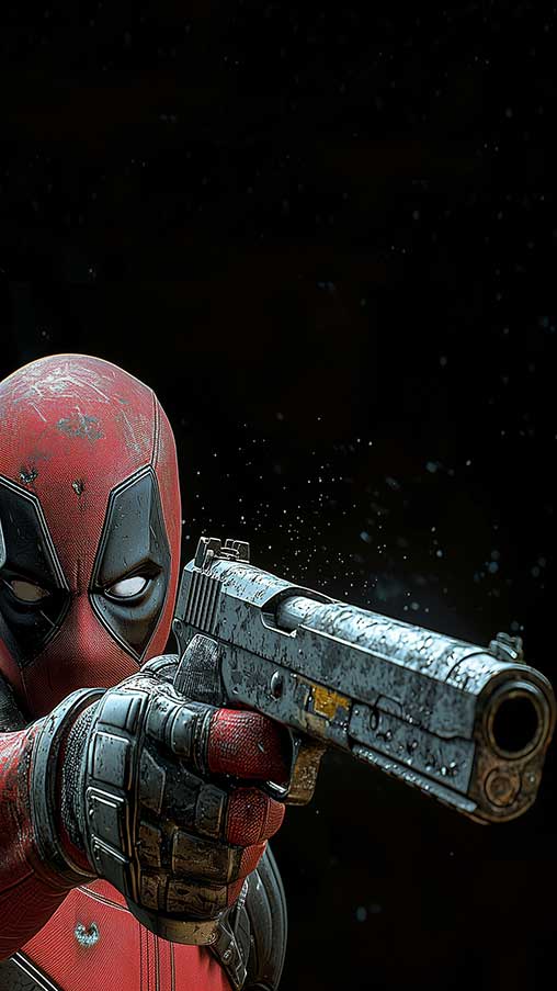 Fond d'écran d'action Deadpool 4K, pose de combat détaillée avec pistolet et katana, arrière-plan Ultra HD pour tous les téléphones portables et iPhone