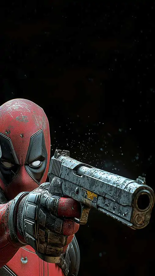 Deadpool action wallpaper 4K detailed combat pose with handgun and katana, Ultra HD background for all mobile phone and iphone