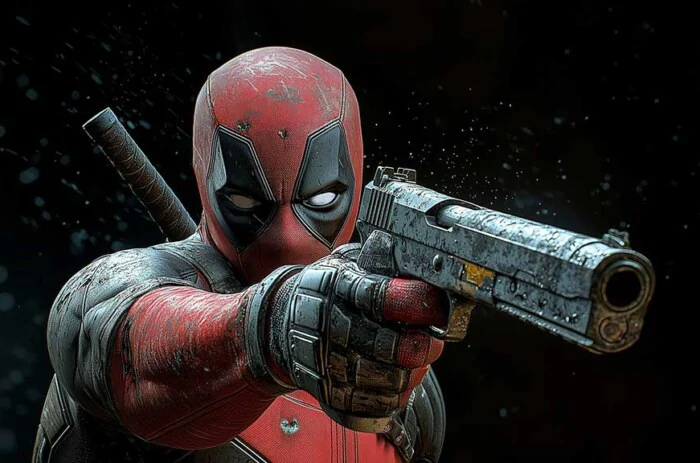 Fond d'écran d'action Deadpool 4K en pose de combat détaillée avec pistolet et katana, arrière-plan Ultra HD pour tous les appareils