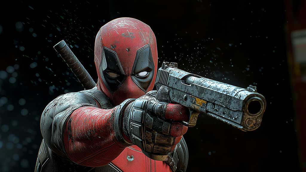 Fond d'écran d'action Deadpool 4K en pose de combat détaillée avec pistolet et katana, arrière-plan Ultra HD pour tous les appareils