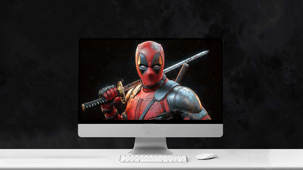 Fond d'écran 4K du guerrier Deadpool avec pose de combat rapprochée avec katana, costume détaillé et éclairage spectaculaire en Ultra HD pour ordinateur de bureau