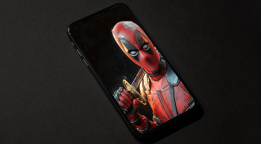 Fond d'écran 4K du guerrier Deadpool avec pose de combat rapprochée avec katana, costume détaillé et éclairage spectaculaire en Ultra HD pour téléphone mobile et iPhone