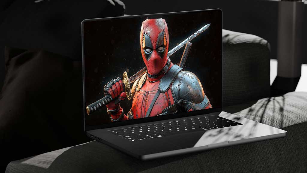 Fond d'écran 4K du guerrier Deadpool avec pose de combat rapprochée avec katana, costume détaillé et éclairage spectaculaire en Ultra HD pour ordinateur portable