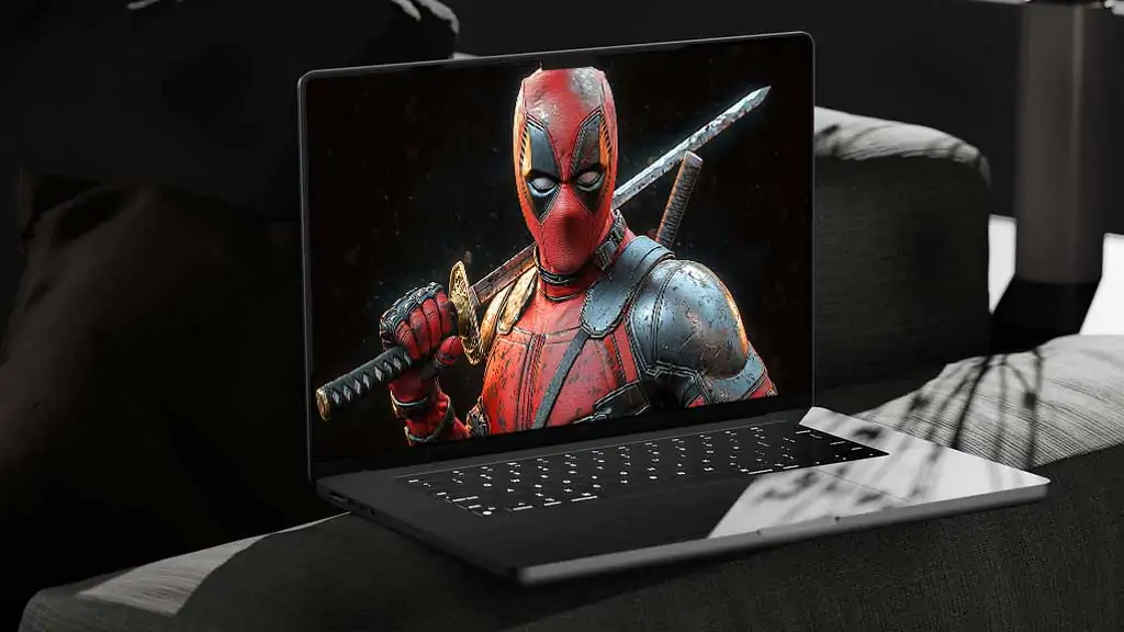 Deadpool warrior wallpaper 4K featuring close-up combat pose with katana, detailed suit and dramatic lighting in Ultra HD for laptop