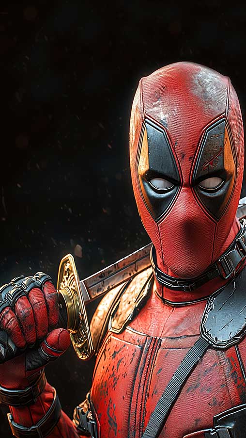 Fond d'écran 4K du guerrier Deadpool avec pose de combat rapprochée avec katana, costume détaillé et éclairage spectaculaire en Ultra HD pour téléphone mobile et iPhone