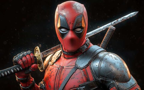 Fond d'écran 4K du guerrier Deadpool avec pose de combat rapprochée avec katana, costume détaillé et éclairage spectaculaire en Ultra HD pour tous les appareils
