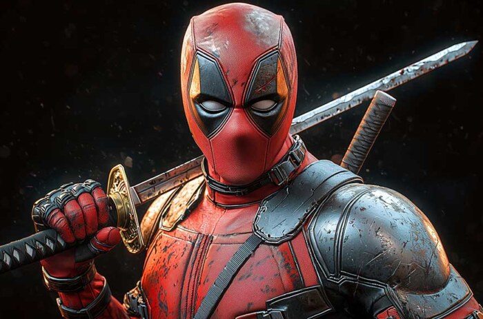Fond d'écran 4K du guerrier Deadpool avec pose de combat rapprochée avec katana, costume détaillé et éclairage spectaculaire en Ultra HD pour tous les appareils