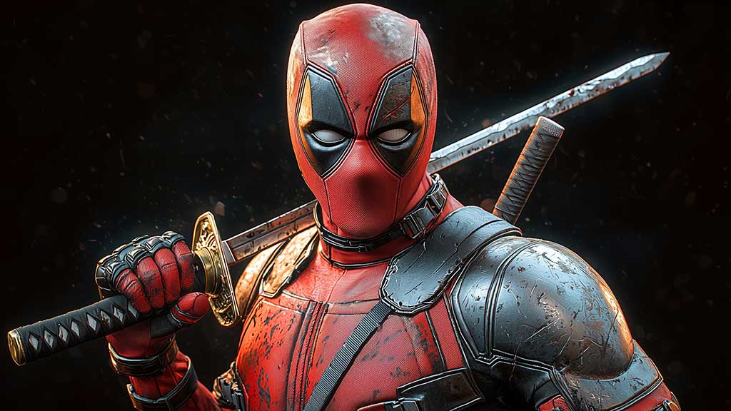 Fond d'écran 4K du guerrier Deadpool avec pose de combat rapprochée avec katana, costume détaillé et éclairage spectaculaire en Ultra HD pour tous les appareils