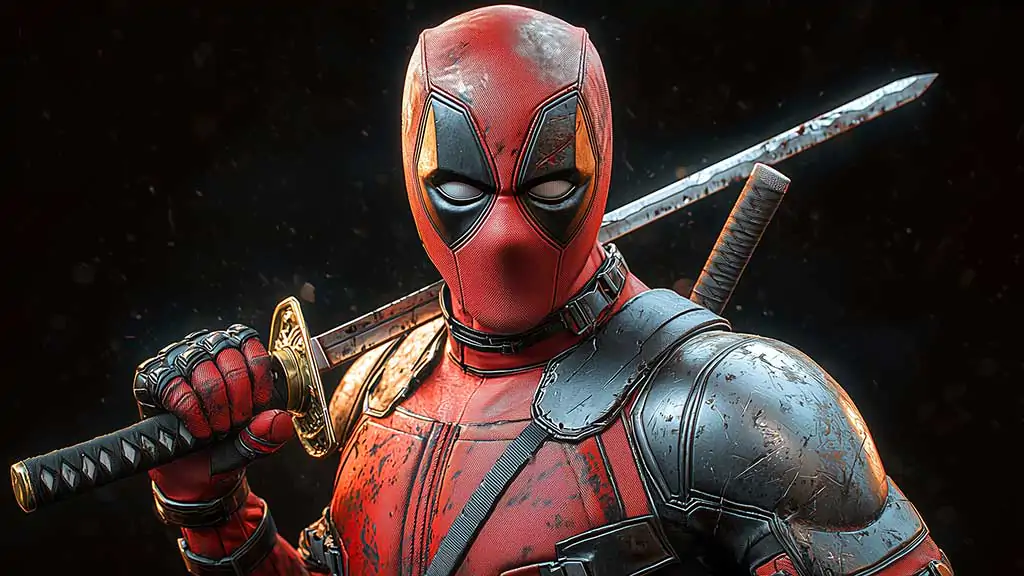 Deadpool warrior wallpaper 4K featuring close-up combat pose with katana, detailed suit and dramatic lighting in Ultra HD for all devices