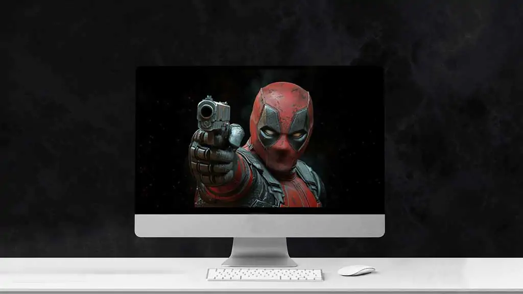 Free Deadpool action wallpaper 4K close-up combat pose with pistol, detailed battle suit Ultra HD background for desktop