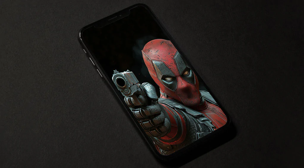 Free Deadpool action wallpaper 4K close-up combat pose with pistol, detailed battle suit Ultra HD background for mobile phone and iphone