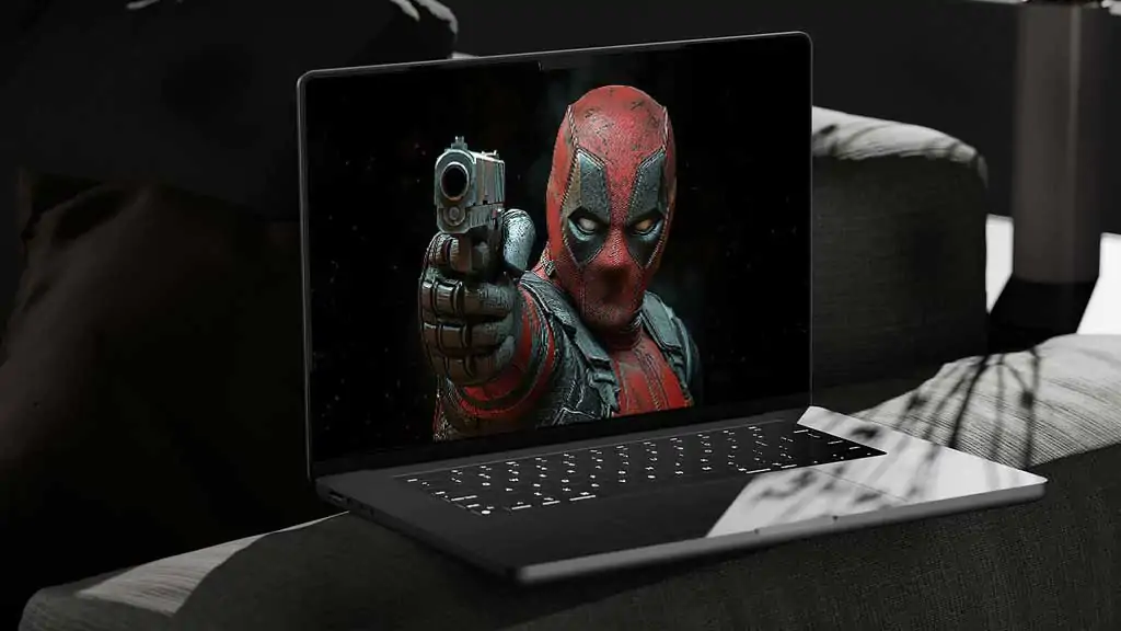 Free Deadpool action wallpaper 4K close-up combat pose with pistol, detailed battle suit Ultra HD background for laptop