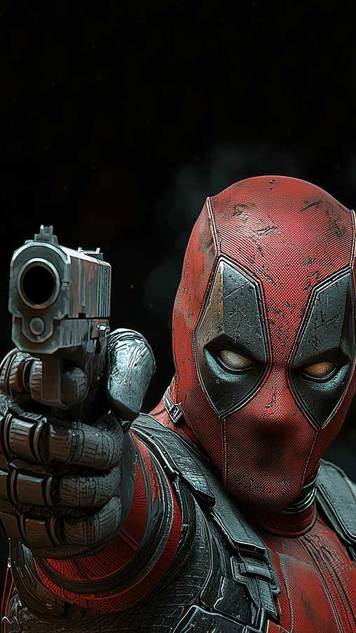 Fond d'écran d'action Deadpool gratuit 4K pose de combat rapproché avec pistolet, costume de combat détaillé Fond Ultra HD pour téléphone portable et iPhone