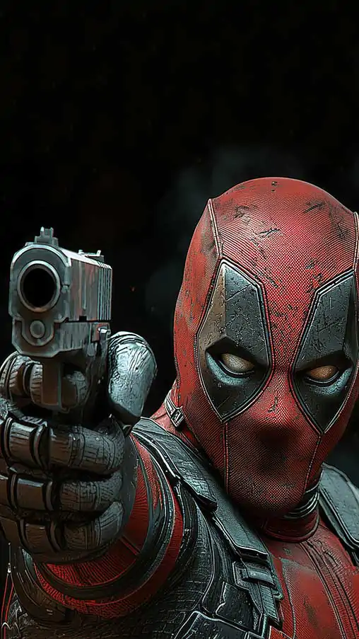 Free Deadpool action wallpaper 4K close-up combat pose with pistol, detailed battle suit Ultra HD background for mobile phone and iphone