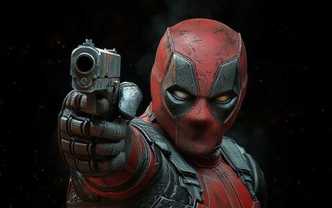 Free Deadpool action wallpaper 4K close-up combat pose with pistol, detailed battle suit Ultra HD background for all devices