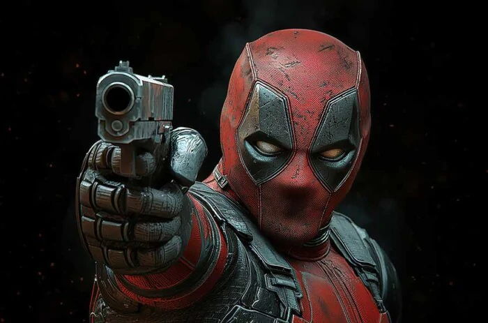 Free Deadpool action wallpaper 4K close-up combat pose with pistol, detailed battle suit Ultra HD background for all devices