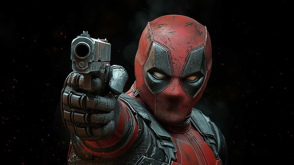 Fond d'écran d'action Deadpool gratuit 4K pose de combat rapproché avec pistolet, combinaison de combat détaillée Fond Ultra HD pour tous les appareils